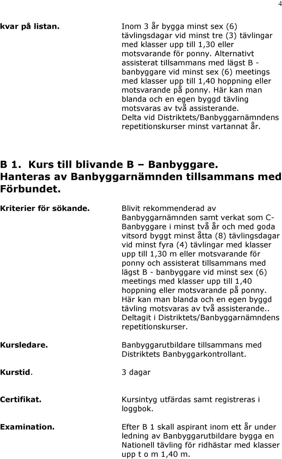 Här kan man blanda och en egen byggd tävling motsvaras av två assisterande. B 1. Kurs till blivande B Banbyggare. Förbundet. Kriterier för sökande.