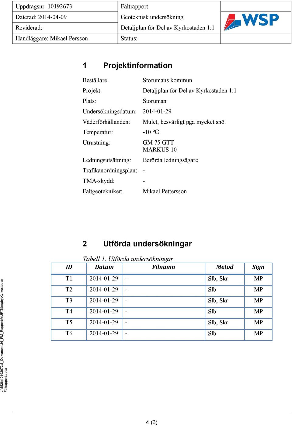 snö. GM 75 GTT MARKUS 10 Berörda ledningsägare Mikael Pettersson 2 Utförda undersökningar Tabell 1. Utförda undersökningar ID Datum Filnamn Metod Sign.