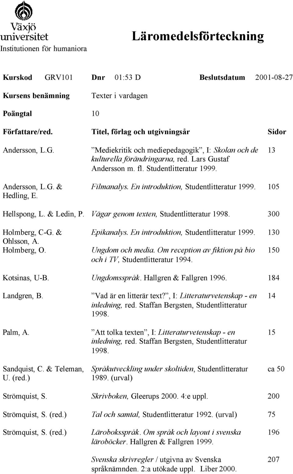 13 Andersson, L.G. & Hedling, E. Filmanalys. En introduktion, Studentlitteratur 1999. 105 Hellspong, L. & Ledin, P. Vägar genom texten, Studentlitteratur 300 Holmberg, C-G. & Ohlsson, A. Holmberg, O.