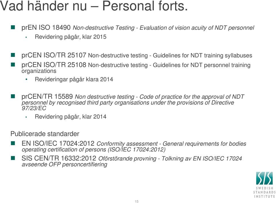 prcen ISO/TR 25108 Non-destructive testing - Guidelines for NDT personnel training organizations Revideringar pågår klara 2014 prcen/tr 15589 Non destructive ti testing ti - Code of practice for the