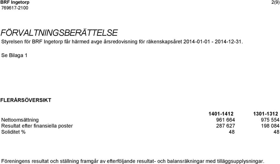 Se Bilaga 1 FLERÅRSÖVERSIKT 1401-1412 1301-1312 Nettoomsättning 961 664 975 554 Resultat efter