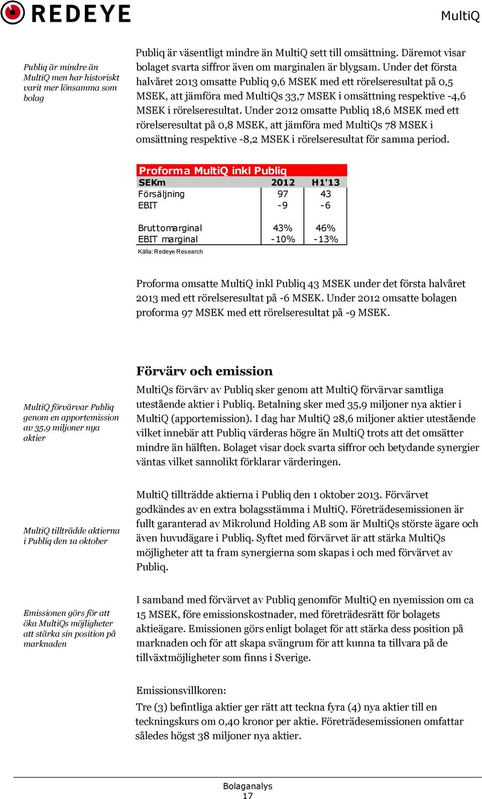 Under det första halvåret 2013 omsatte Publiq 9,6 MSEK med ett rörelseresultat på 0,5 MSEK, att jämföra med MultiQs 33,7 MSEK i omsättning respektive -4,6 MSEK i rörelseresultat.