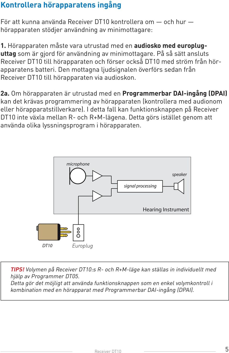 På så sätt ansluts Receiver DT10 till hörapparaten och förser också DT10 med ström från hörapparatens batteri.