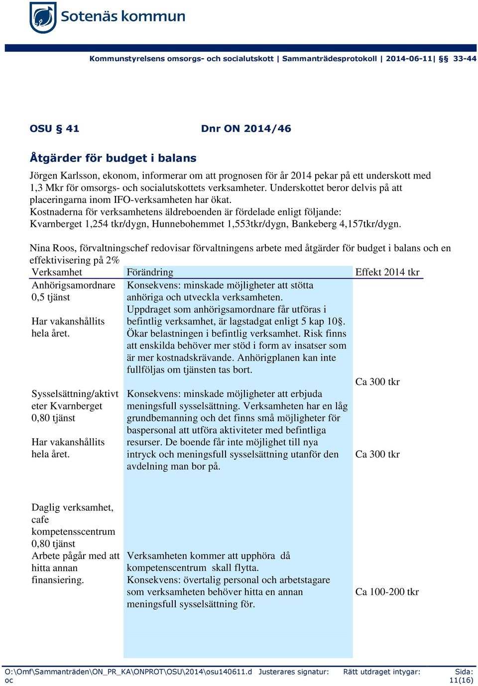 Kostnaderna för verksamhetens äldreboenden är fördelade enligt följande: Kvarnberget 1,254 tkr/dygn, Hunnebohemmet 1,553tkr/dygn, Bankeberg 4,157tkr/dygn.