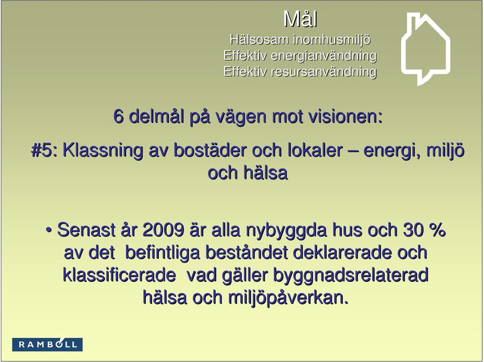 miljö och hälsah Senast år r 2009 är r alla nybyggda hus och 30 % av det befintliga