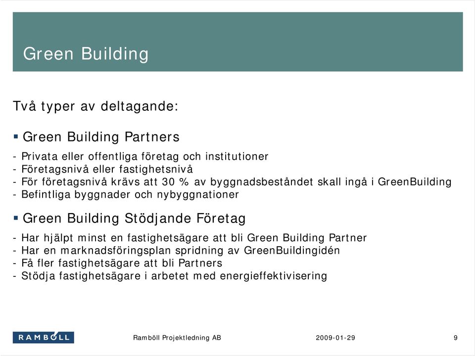 Building Stödjande Företag - Har hjälpt minst en fastighetsägare att bli Green Building Partner - Har en marknadsföringsplan spridning av