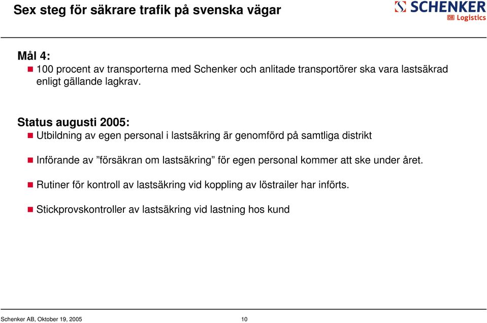 Status augusti 2005: Utbildning av egen personal i lastsäkring är genomförd på samtliga distrikt Införande av försäkran