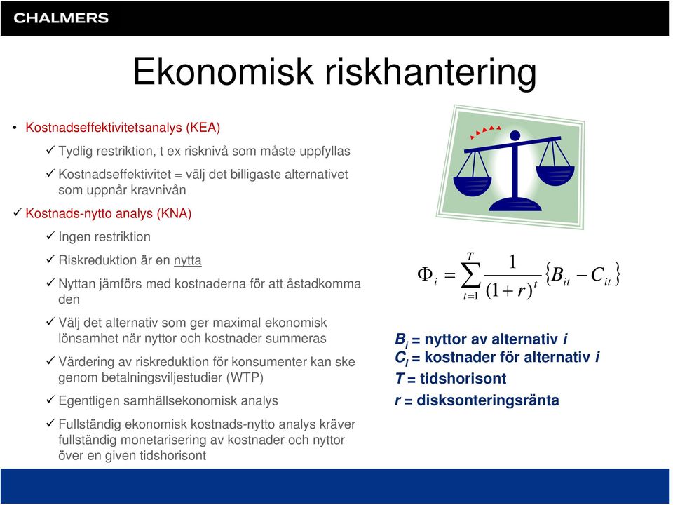 kostnader summeras Värdering av riskreduktion för konsumenter kan ske genom betalningsviljestudier (WTP) Egentligen samhällsekonomisk analys Fullständig ekonomisk kostnads-nytto analys kräver