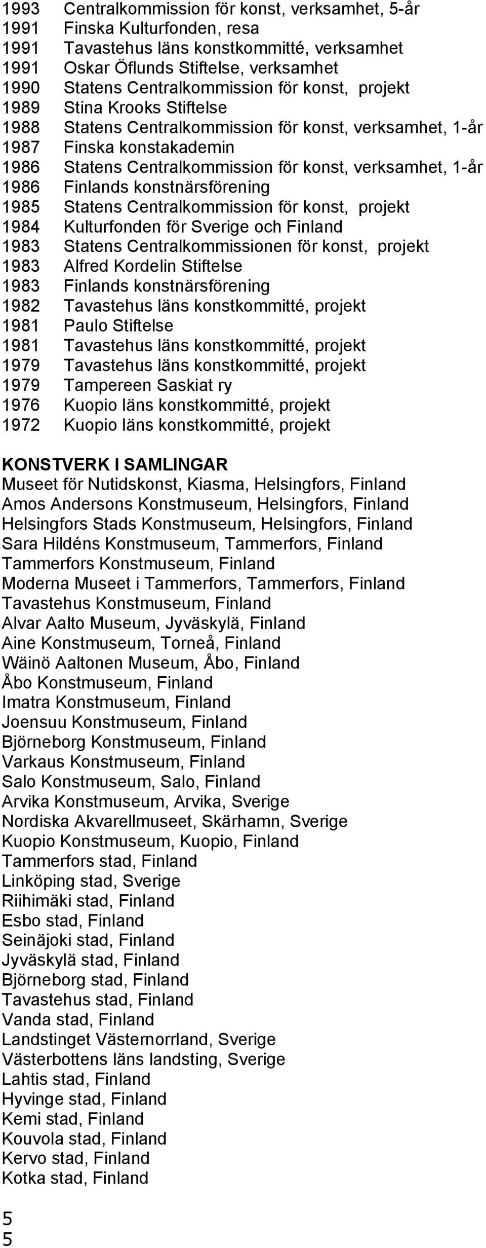 verksamhet, 1-år 1986 Finlands konstnärsförening 1985 Statens Centralkommission för konst, projekt 1984 Kulturfonden för Sverige och Finland 1983 Statens Centralkommissionen för konst, projekt 1983