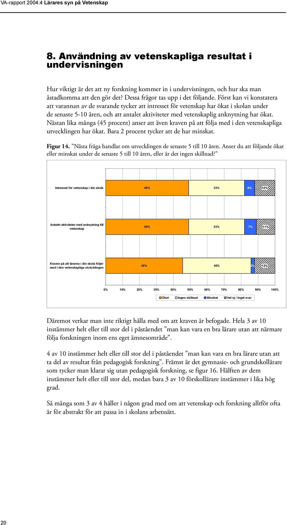 Först kan vi konstatera att varannan av de svarande tycker att intresset för vetenskap har ökat i skolan under de senaste 5-10 åren, och att antalet aktiviteter med vetenskaplig anknytning har ökat.