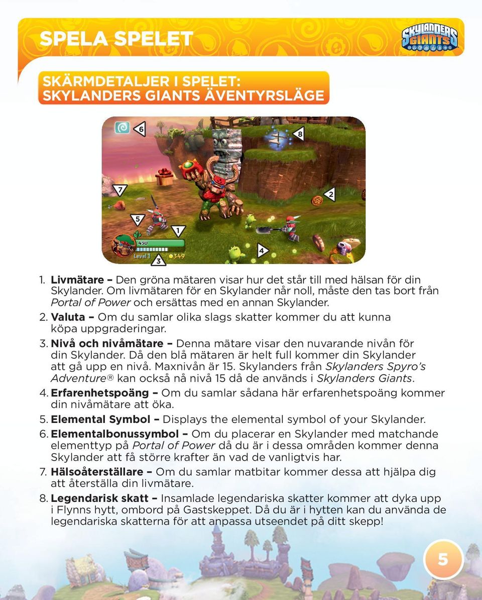 Valuta Om du samlar olika slags skatter kommer du att kunna köpa uppgraderingar. 3. Nivå och nivåmätare Denna mätare visar den nuvarande nivån för din Skylander.
