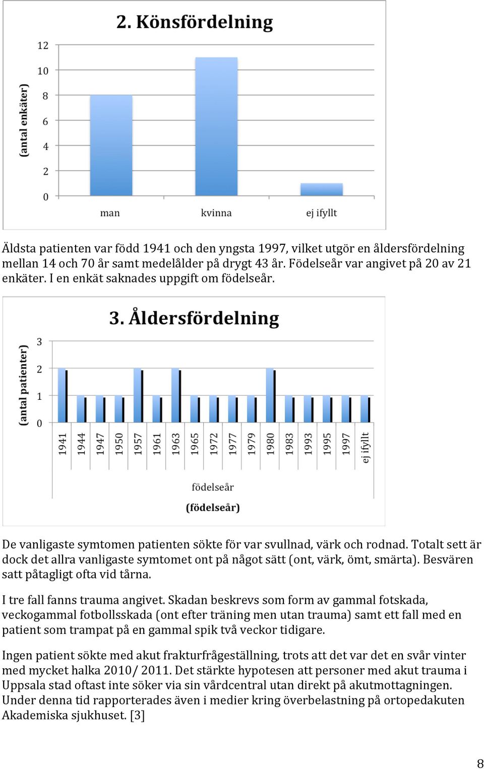 Totalt sett är dock det allra vanligaste symtomet ont på något sätt (ont, värk, ömt, smärta). Besvären satt påtagligt ofta vid tårna. I tre fall fanns trauma angivet.