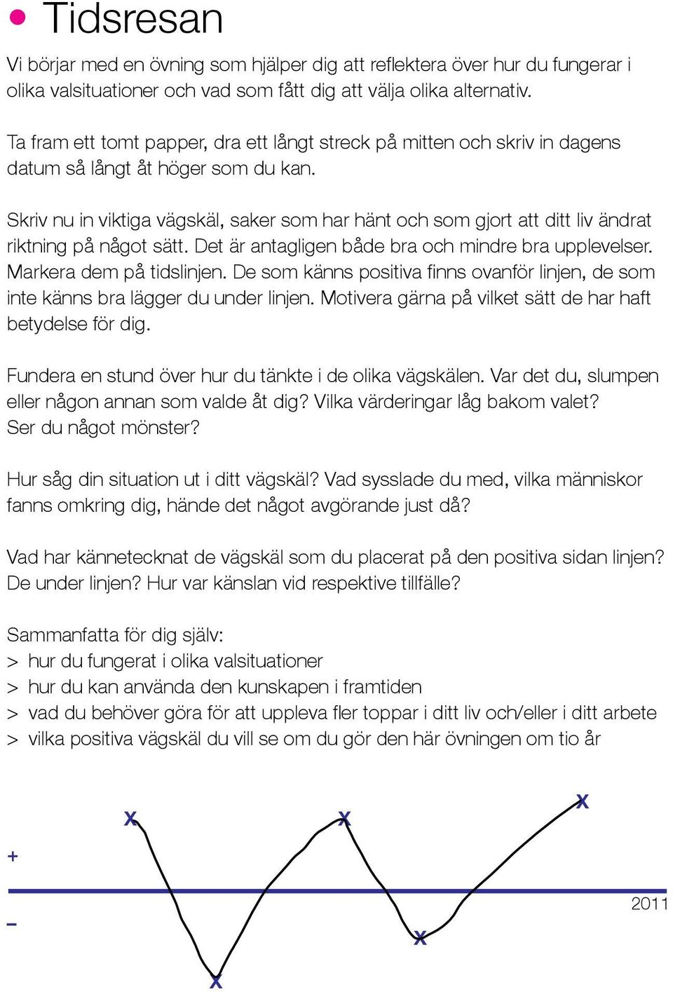 Skriv nu in viktiga vägskäl, saker som har hänt och som gjort att ditt liv ändrat riktning på något sätt. Det är antagligen både bra och mindre bra upplevelser. Markera dem på tidslinjen.