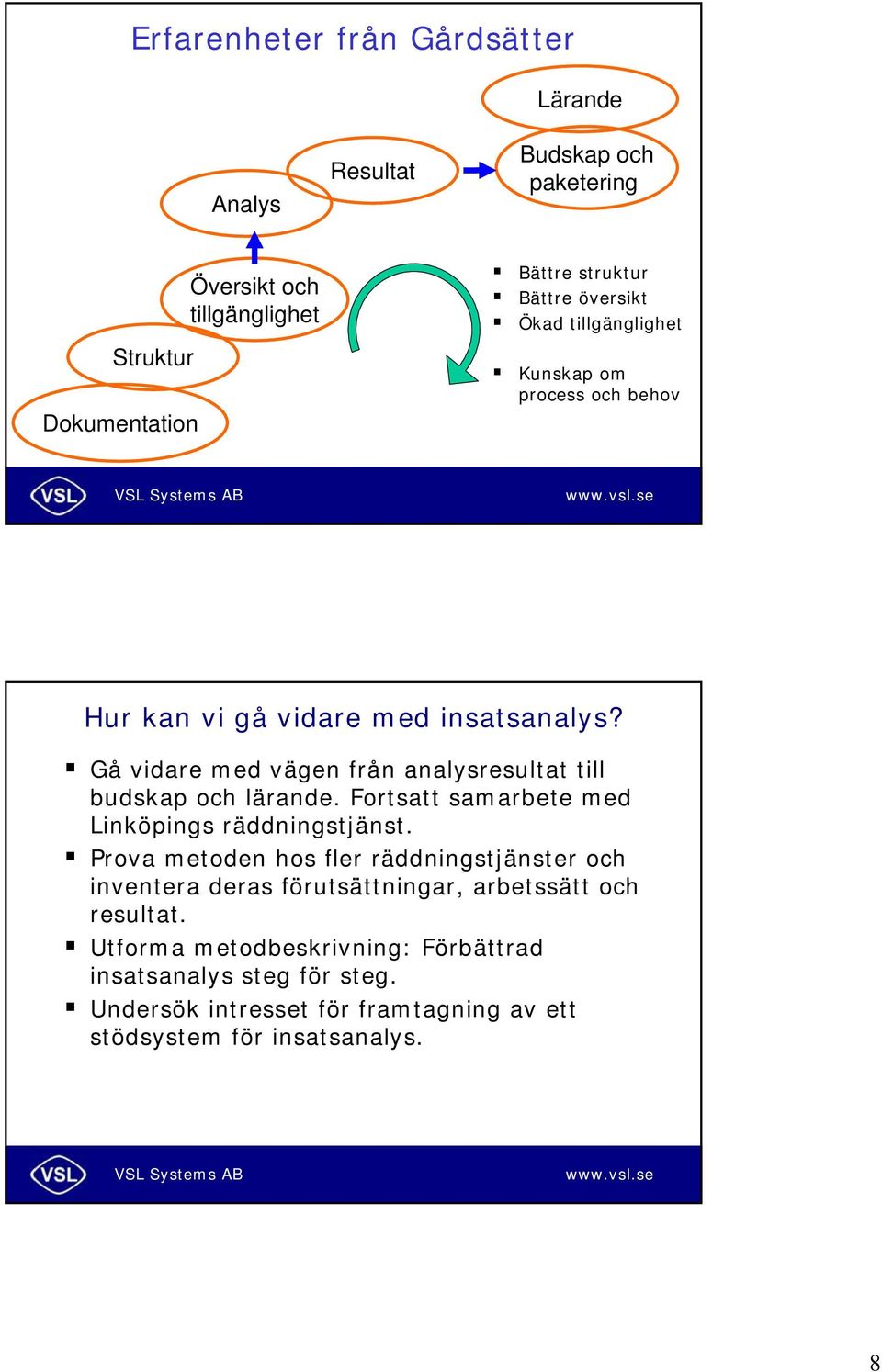 Gå vidare med vägen från analysresultat till budskap och lärande. Fortsatt samarbete med Linköpings räddningstjänst.