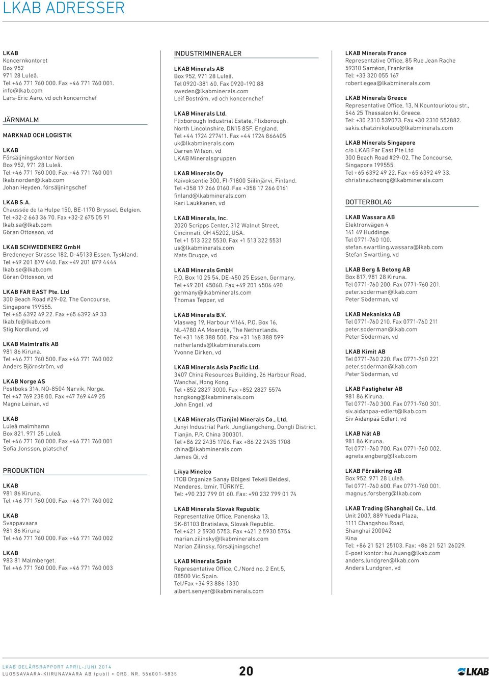 com Johan Heyden, försäljningschef LKAB S.A. Chaussée de la Hulpe 150, BE-1170 Bryssel, Belgien. Tel +32-2 663 36 70. Fax +32-2 675 05 91 lkab.sa@lkab.