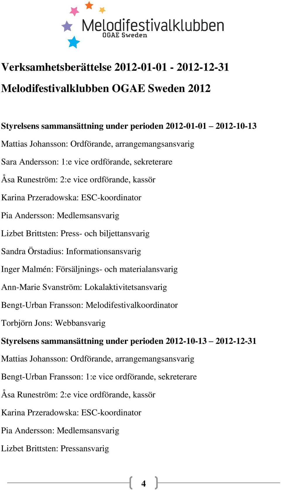 biljettansvarig Sandra Örstadius: Informationsansvarig Inger Malmén: Försäljnings- och materialansvarig Ann-Marie Svanström: Lokalaktivitetsansvarig Bengt-Urban Fransson: Melodifestivalkoordinator
