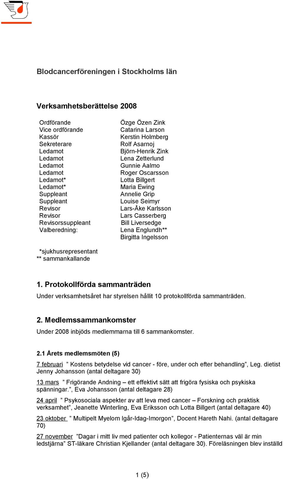 Bill Liversedge Lena Englundh** Birgitta Ingelsson *sjukhusrepresentant ** sammankallande 1. Protokollförda sammanträden Under verksamhetsåret har styrelsen hållit 10 protokollförda sammanträden. 2.