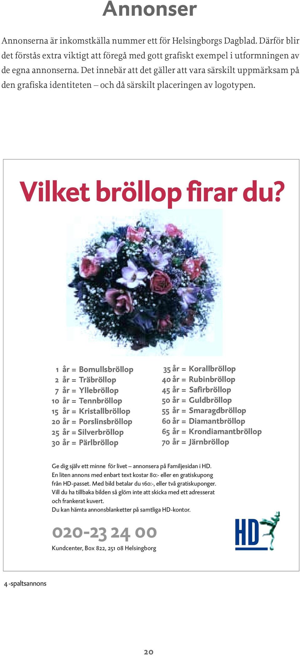 1 år = Bomullsbröllop 2 år = Träbröllop 7 år = Yllebröllop 10 år = Tennbröllop 15 år = Kristallbröllop 20 år = Porslinsbröllop 25 år = Silverbröllop 30 år = Pärlbröllop 35 år = Korallbröllop 40 år =