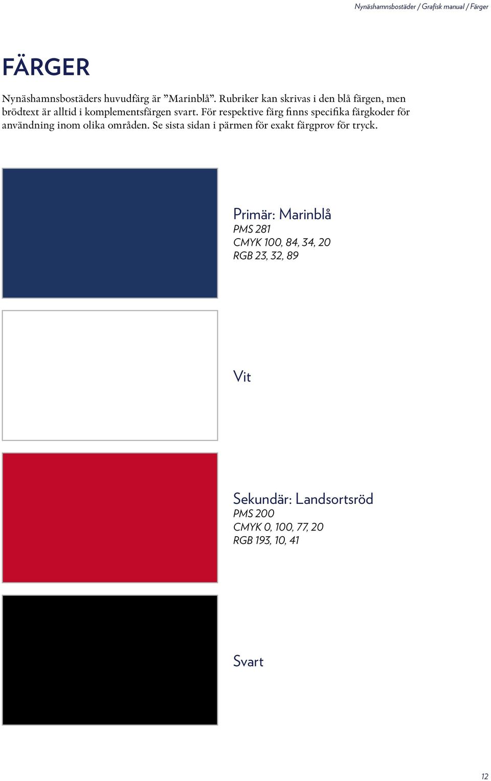 För respektive färg finns specifika färgkoder för användning inom olika områden.