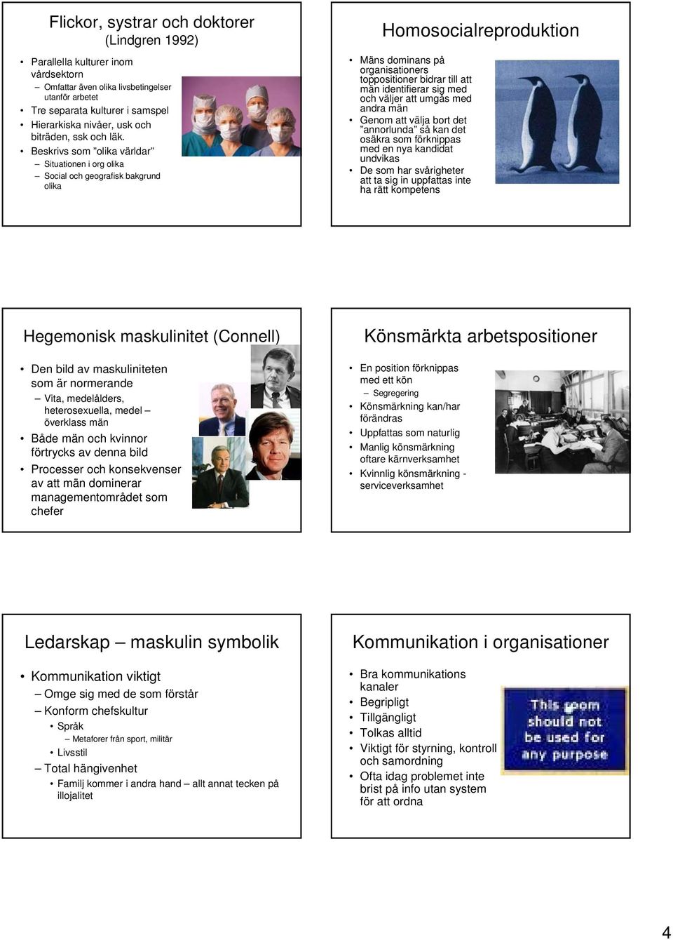 Beskrivs som olika världar Situationen i org olika Social och geografisk bakgrund olika Homosocialreproduktion Mäns dominans på organisationers toppositioner bidrar till att män identifierar sig med