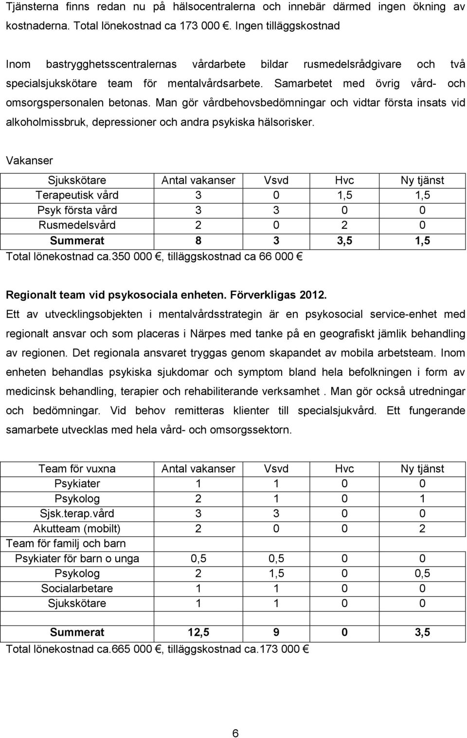 Samarbetet med övrig vård- och omsorgspersonalen betonas. Man gör vårdbehovsbedömningar och vidtar första insats vid alkoholmissbruk, depressioner och andra psykiska hälsorisker.