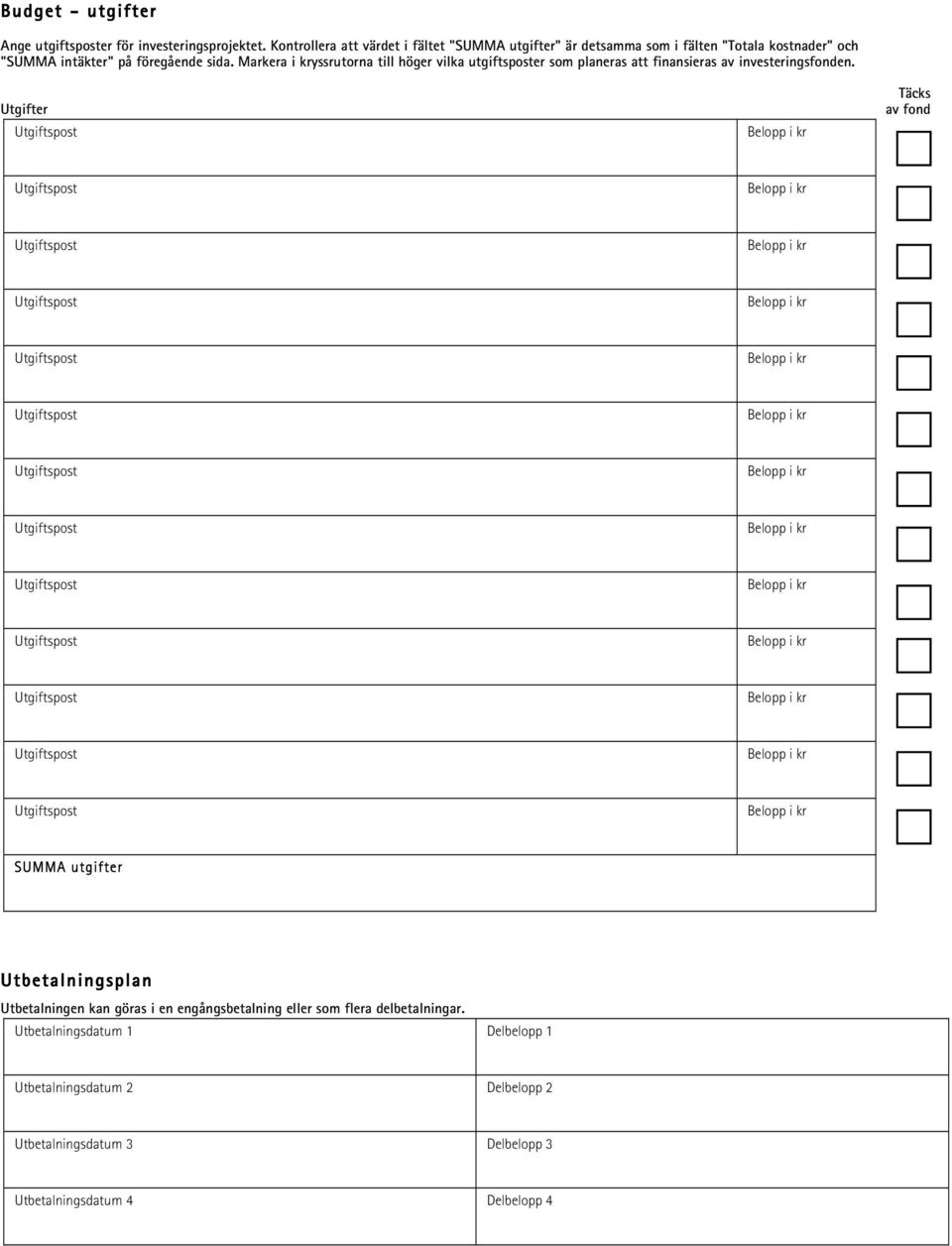 Markera i kryssrutorna till höger vilka utgiftsposter som planeras att finansieras av investeringsfonden.