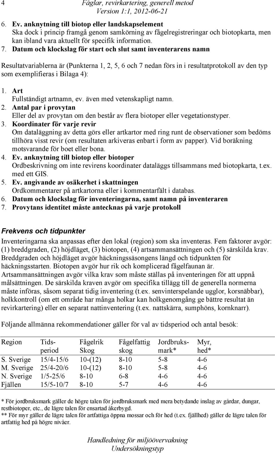 Datum och klockslag för start och slut samt inventerarens namn Resultatvariablerna är (Punkterna 1, 2, 5, 6 och 7 nedan förs in i resultatprotokoll av den typ som exemplifieras i Bilaga 4): 1.