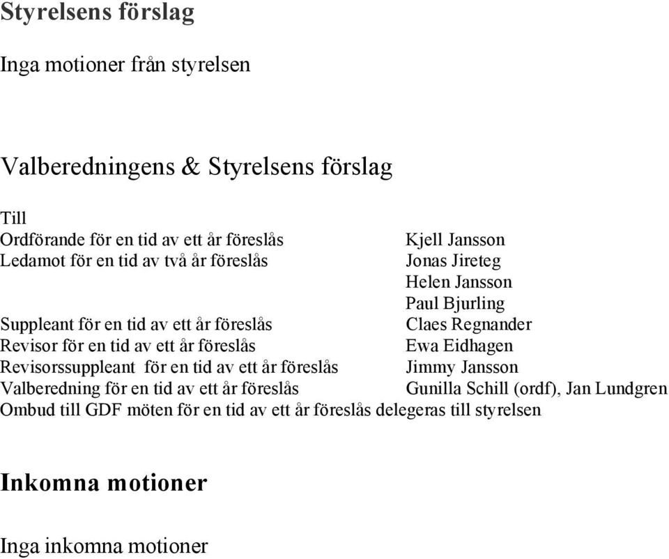 för en tid av ett år föreslås Ewa Eidhagen Revisorssuppleant för en tid av ett år föreslås Jimmy Jansson Valberedning för en tid av ett år