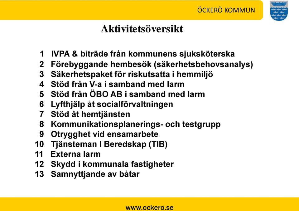 6 Lyfthjälp åt socialförvaltningen 7 Stöd åt hemtjänsten 8 Kommunikationsplanerings- och testgrupp 9 Otrygghet vid