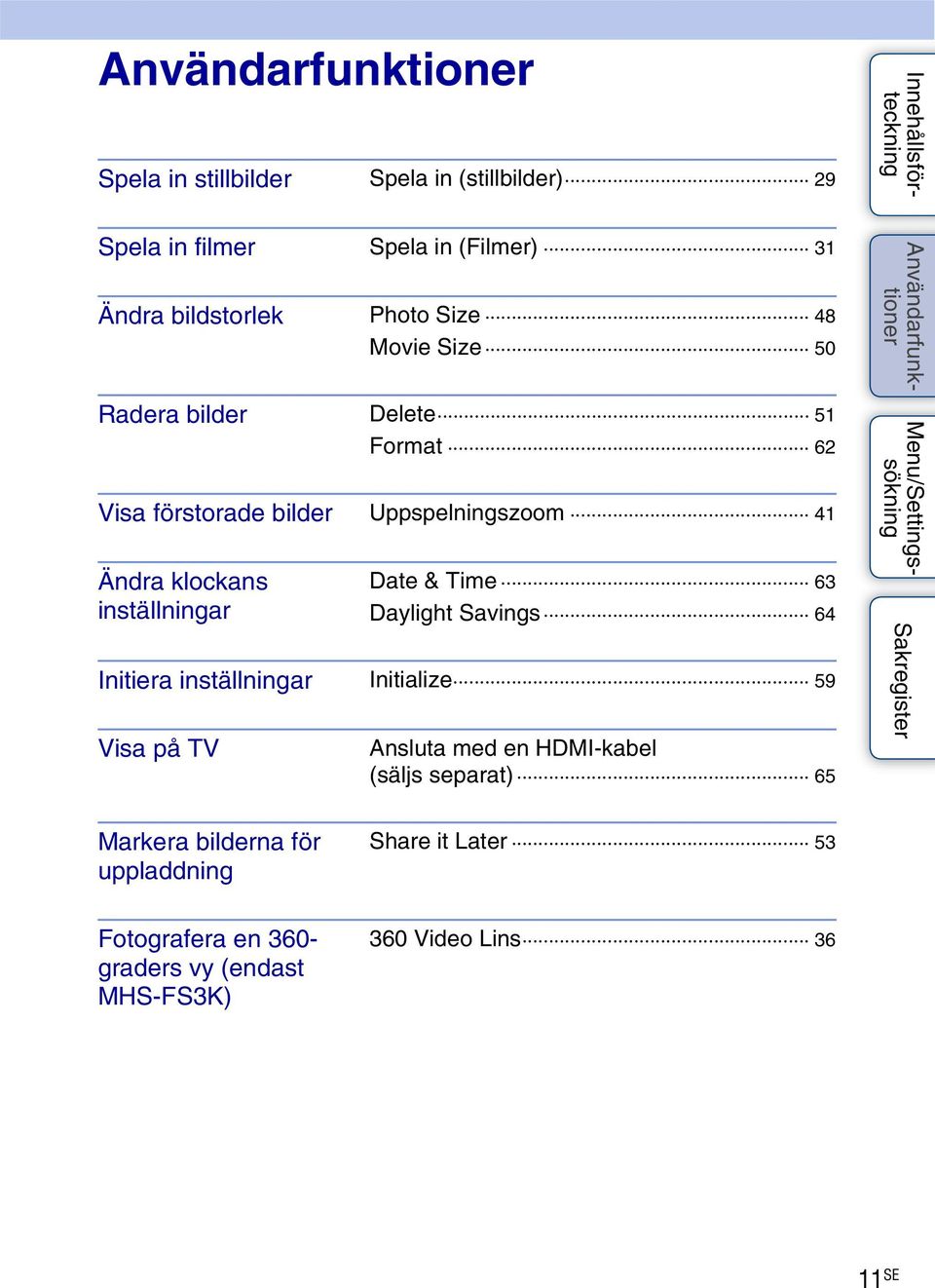 Time 63 Daylight Savings 64 Initiera inställningar Initialize 59 Visa på TV Ansluta med en HDMI-kabel (säljs separat) 65