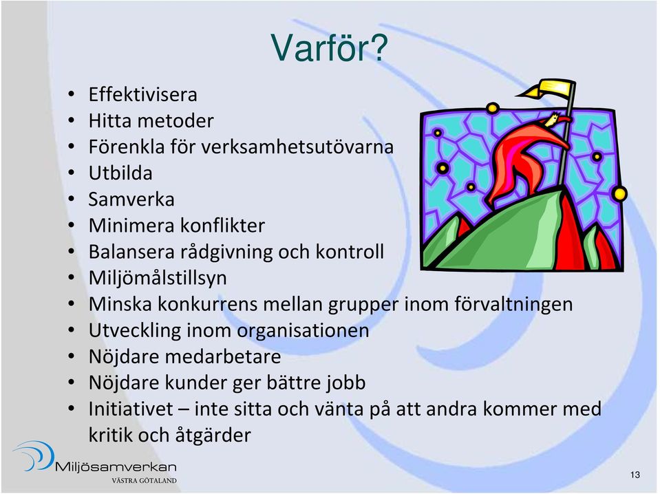 konflikter Balansera rådgivning och kontroll Miljömålstillsyn Minska konkurrens mellan