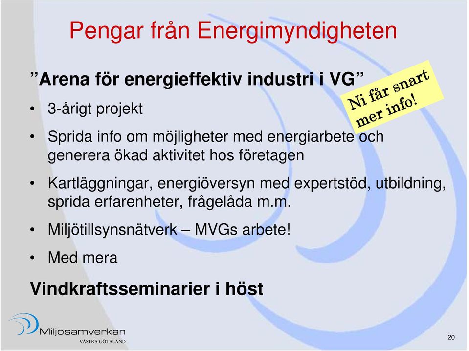 Kartläggningar, energiöversyn med expertstöd, utbildning, sprida erfarenheter, frågelåda m.