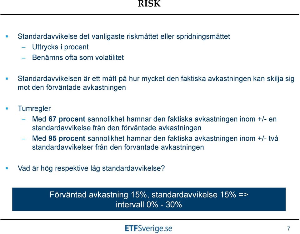 avkastningen inom +/- en standardavvikelse från den förväntade avkastningen Med 95 procent sannolikhet hamnar den faktiska avkastningen inom +/- två