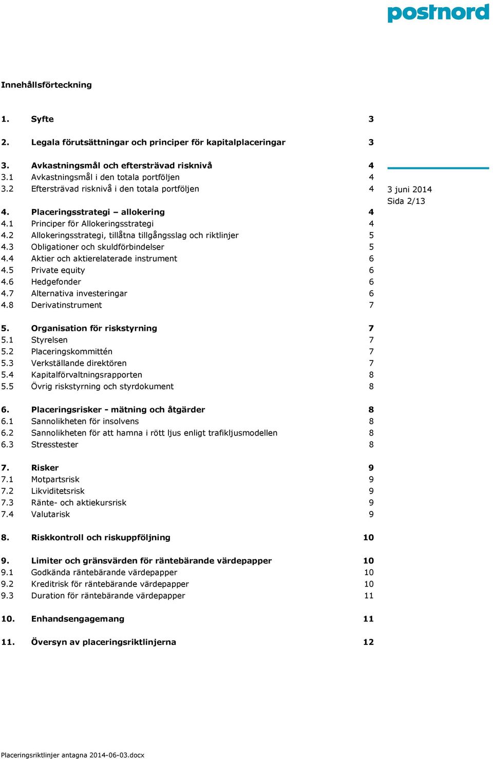 3 Obligationer och skuldförbindelser 5 4.4 Aktier och aktierelaterade instrument 6 4.5 Private equity 6 4.6 Hedgefonder 6 4.7 Alternativa investeringar 6 4.8 Derivatinstrument 7 Sida 2/13 5.