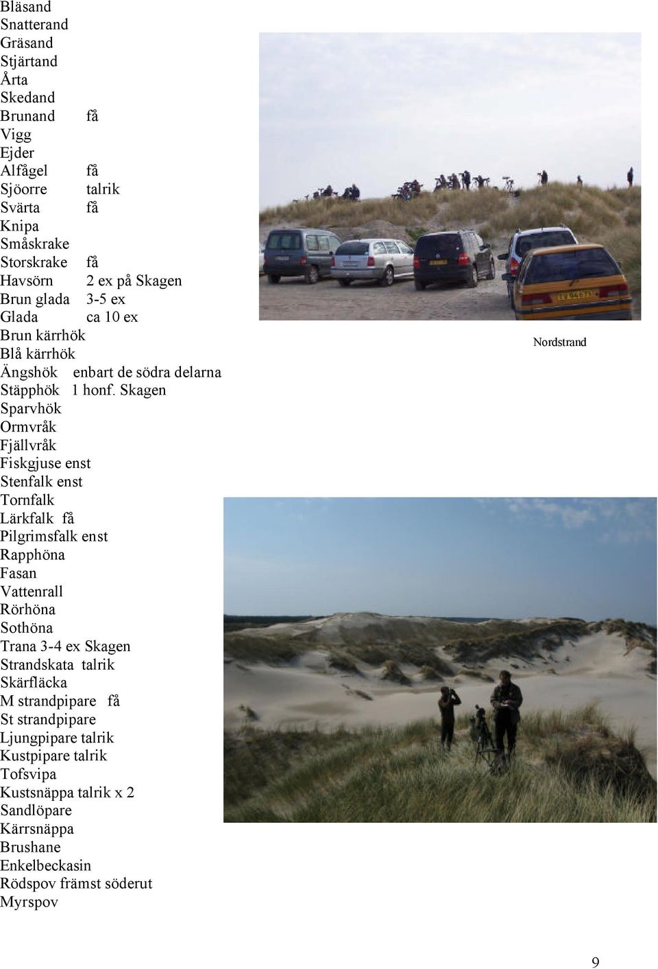 Skagen Sparvhök Ormvråk Fjällvråk Fiskgjuse enst Stenfalk enst Tornfalk Lärkfalk få Pilgrimsfalk enst Rapphöna Fasan Vattenrall Rörhöna Sothöna Trana 3-4 ex