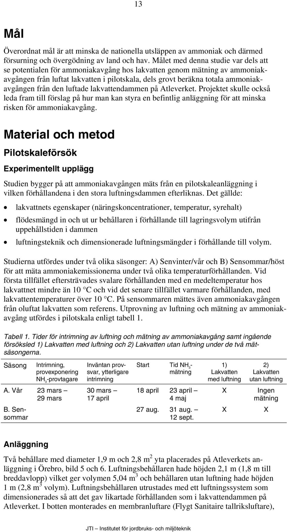 från den luftade lakvattendammen på Atleverket. Projektet skulle också leda fram till förslag på hur man kan styra en befintlig anläggning för att minska risken för ammoniakavgång.