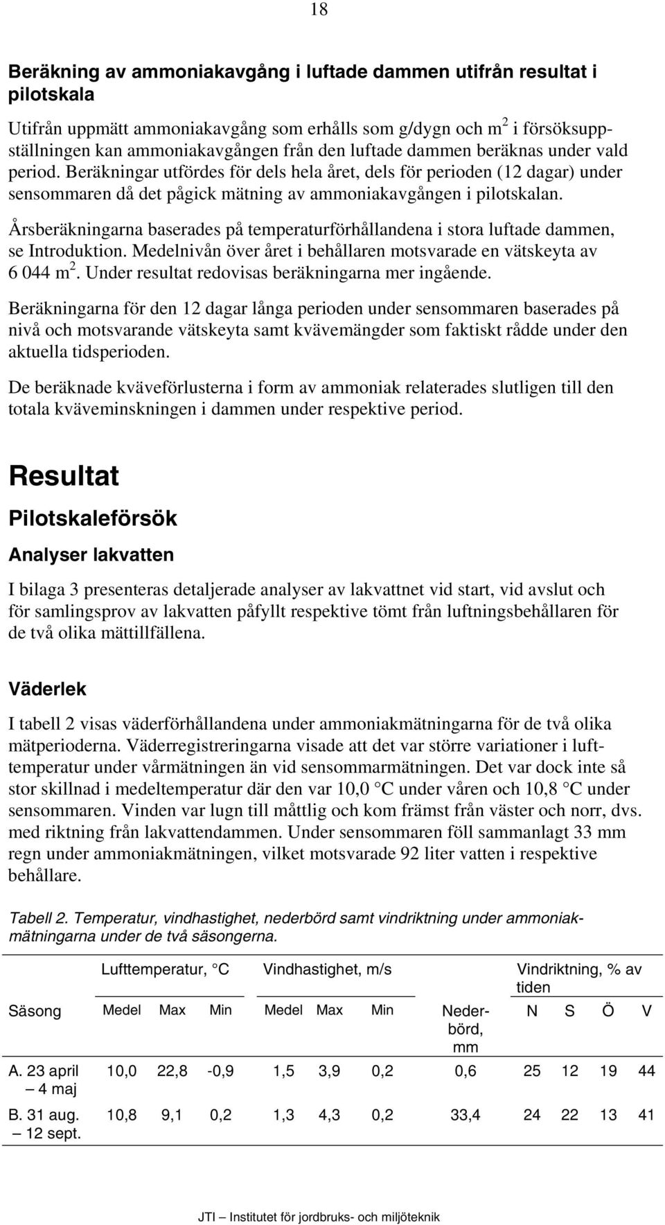 Årsberäkningarna baserades på temperaturförhållandena i stora luftade dammen, se Introduktion. Medelnivån över året i behållaren motsvarade en vätskeyta av 6 044 m 2.