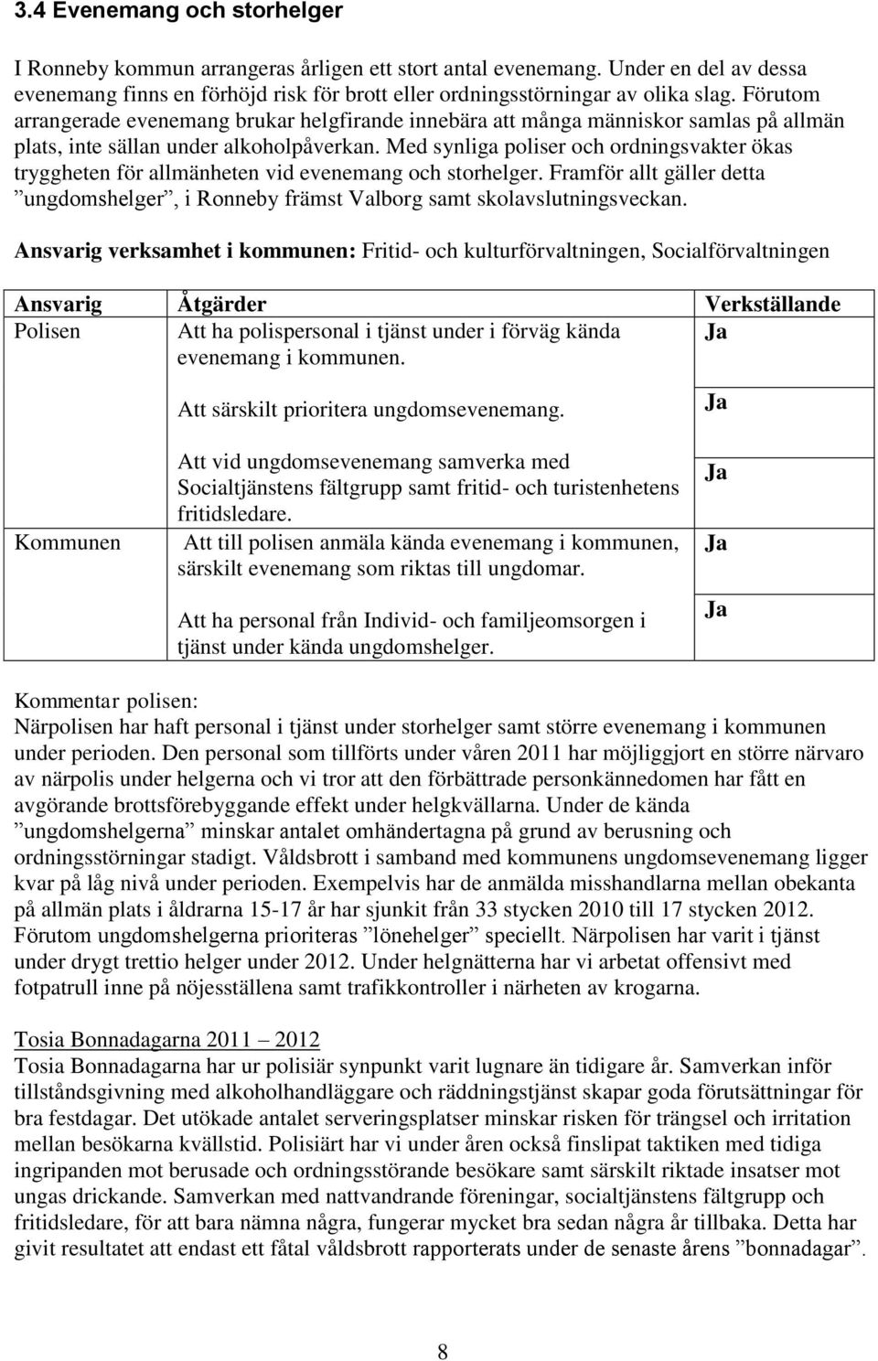 Med synliga poliser och ordningsvakter ökas tryggheten för allmänheten vid evenemang och storhelger. Framför allt gäller detta ungdomshelger, i Ronneby främst Valborg samt skolavslutningsveckan.