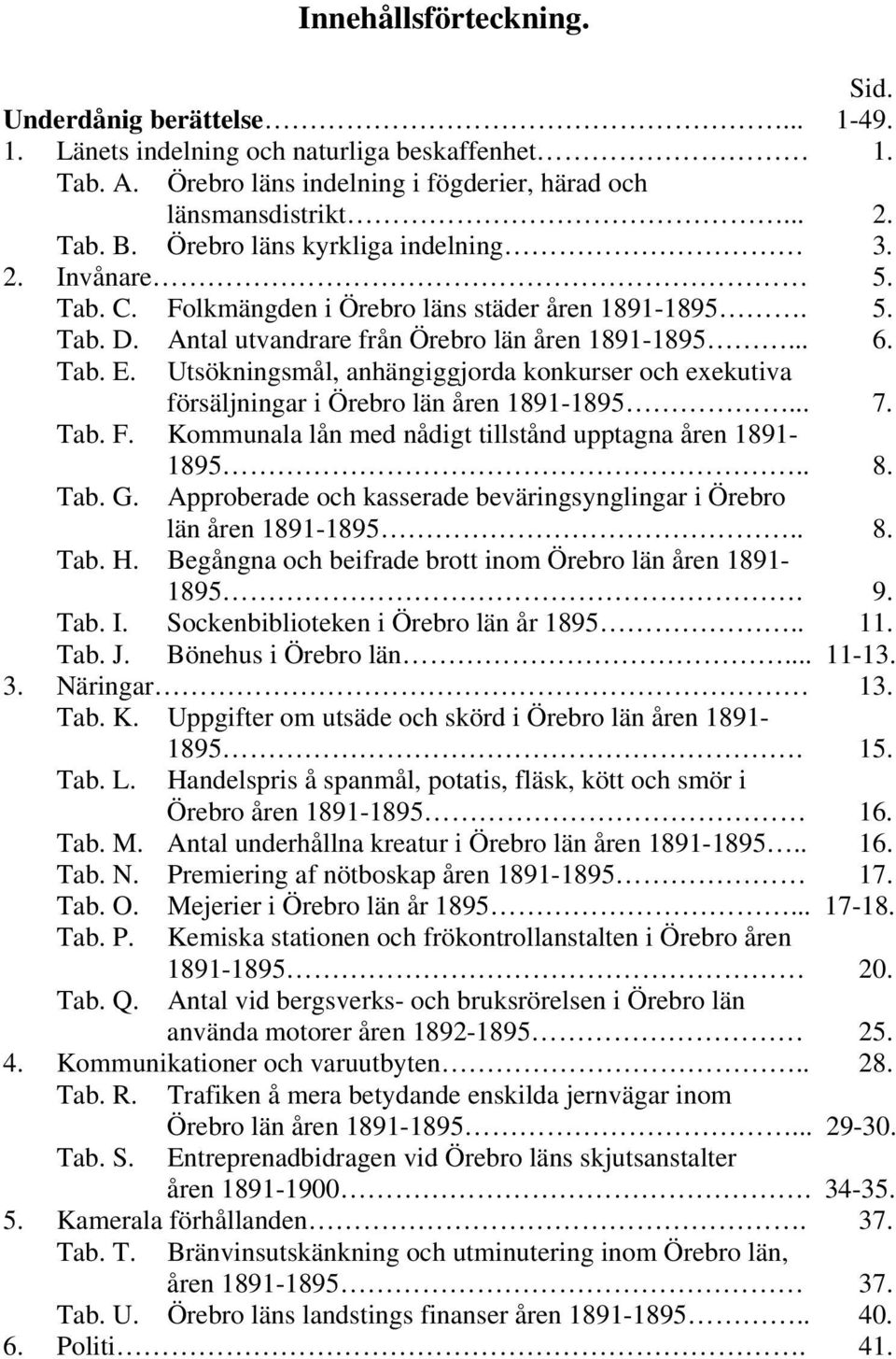 Utsökningsmål, anhängiggjorda konkurser och exekutiva försäljningar i Örebro län åren 1891-1895... 7. Tab. F. Kommunala lån med nådigt tillstånd upptagna åren 1891- Tab. G. 1895.. 8.