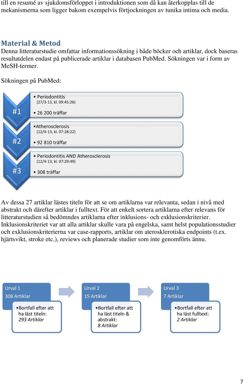 Sökningen var i form av MeSH-termer. Sökningen på PubMed: #1 #2 #3 Periodontitis (27/3-13, kl. 09:45:26) 26 200 träffar Atherosclerosis (12/4-13, kl.