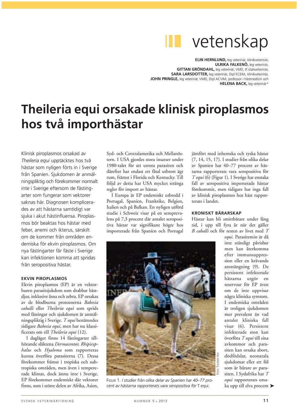 piroplasmos orsakad av Theileria equi upptäcktes hos två hästar som nyligen förts in i Sverige från Spanien.