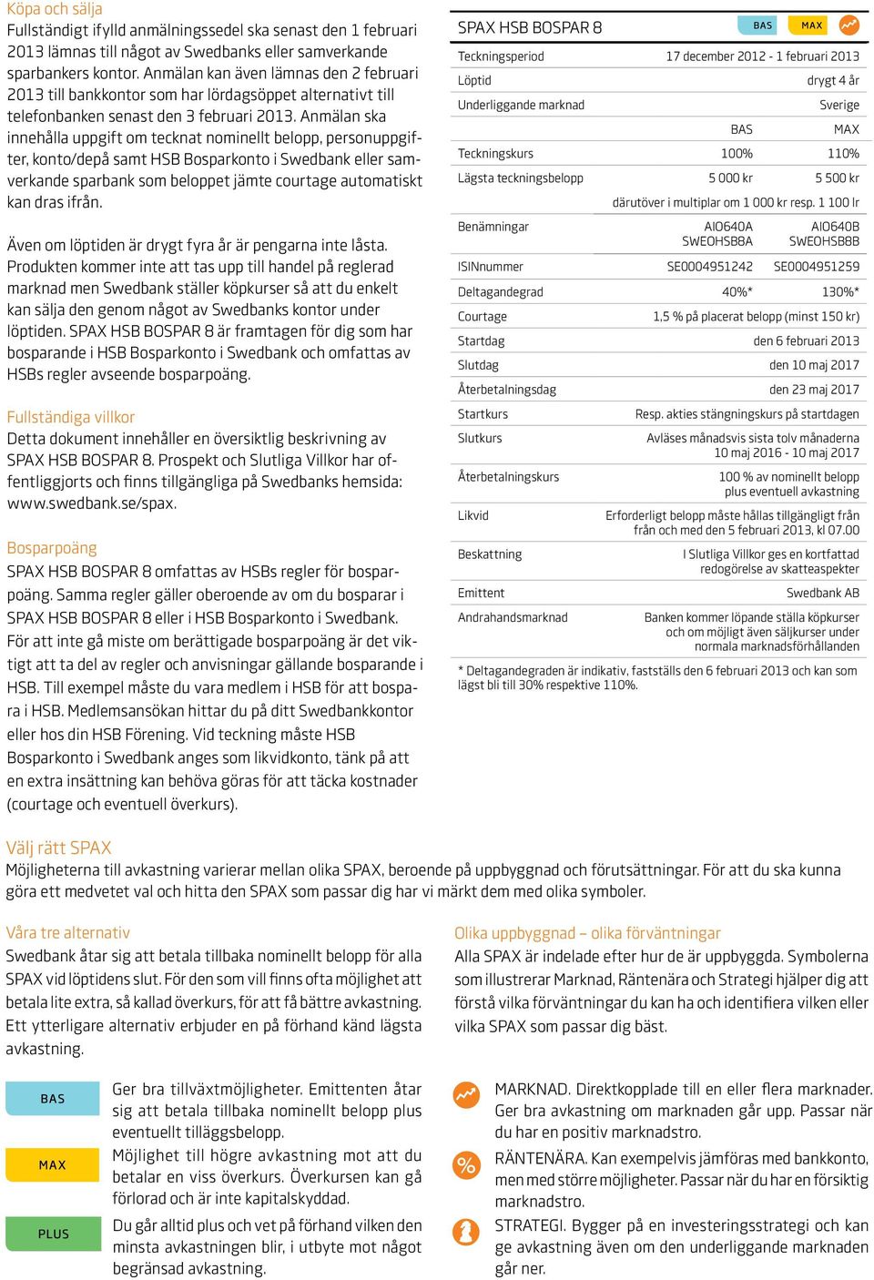 Anmälan ska innehålla uppgift om tecknat nominellt belopp, personuppgifter, konto/depå samt HSB Bosparkonto i Swedbank eller samverkande sparbank som beloppet jämte courtage automatiskt kan dras