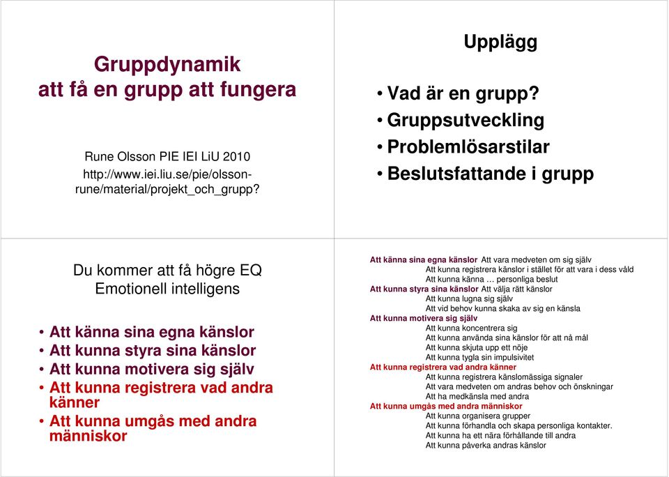 kunna registrera vad andra känner Att kunna umgås med andra människor Att känna sina egna känslor Att vara medveten om sig själv Att kunna registrera känslor i stället för att vara i dess våld Att