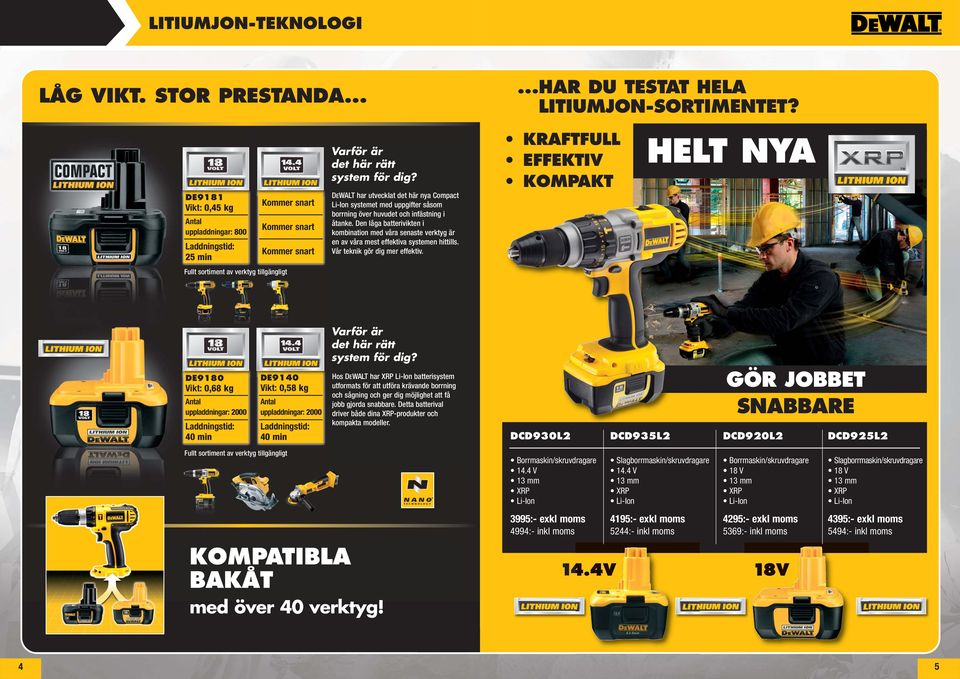 KRAFTFULL EFFEKTIV KOMPAKT HELT NYA DEWALT har utvecklat det här nya Compact Li-Ion systemet med uppgifter såsom borrning över huvudet och infästning i åtanke.