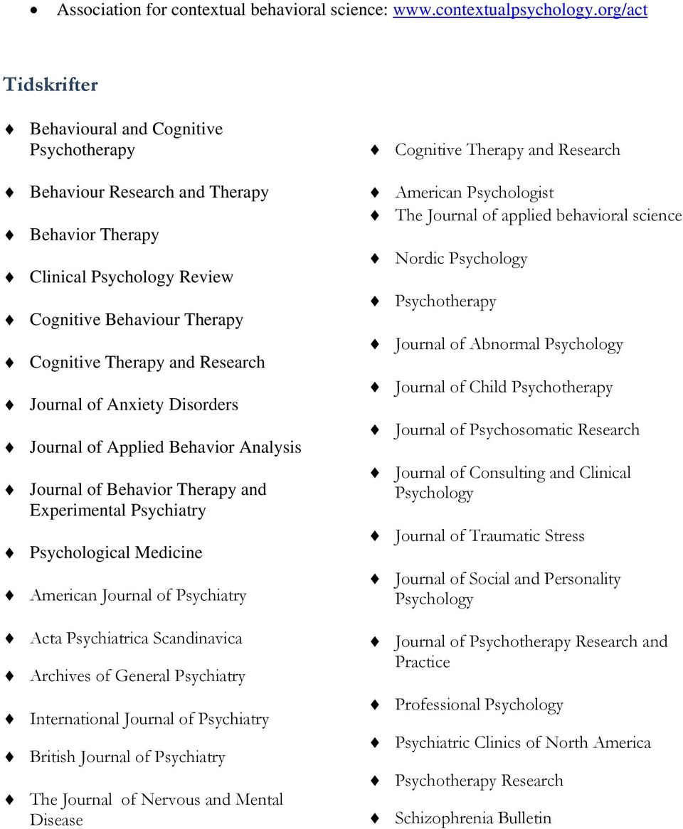 Journal of Anxiety Disorders Journal of Applied Behavior Analysis Journal of Behavior Therapy and Experimental Psychiatry Psychological Medicine American Journal of Psychiatry Acta Psychiatrica