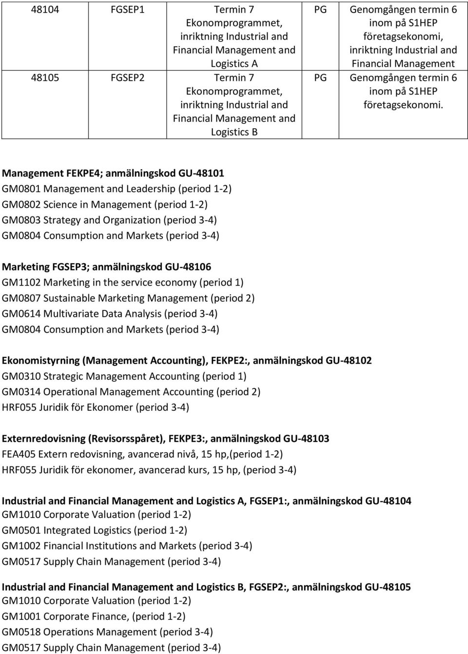 Markets (period 3-4) Marketing FGSEP3; anmälningskod GU-48106 GM1102 Marketing in the service economy (period 1) GM0807 Sustainable Marketing Management (period 2) GM0614 Multivariate Data Analysis