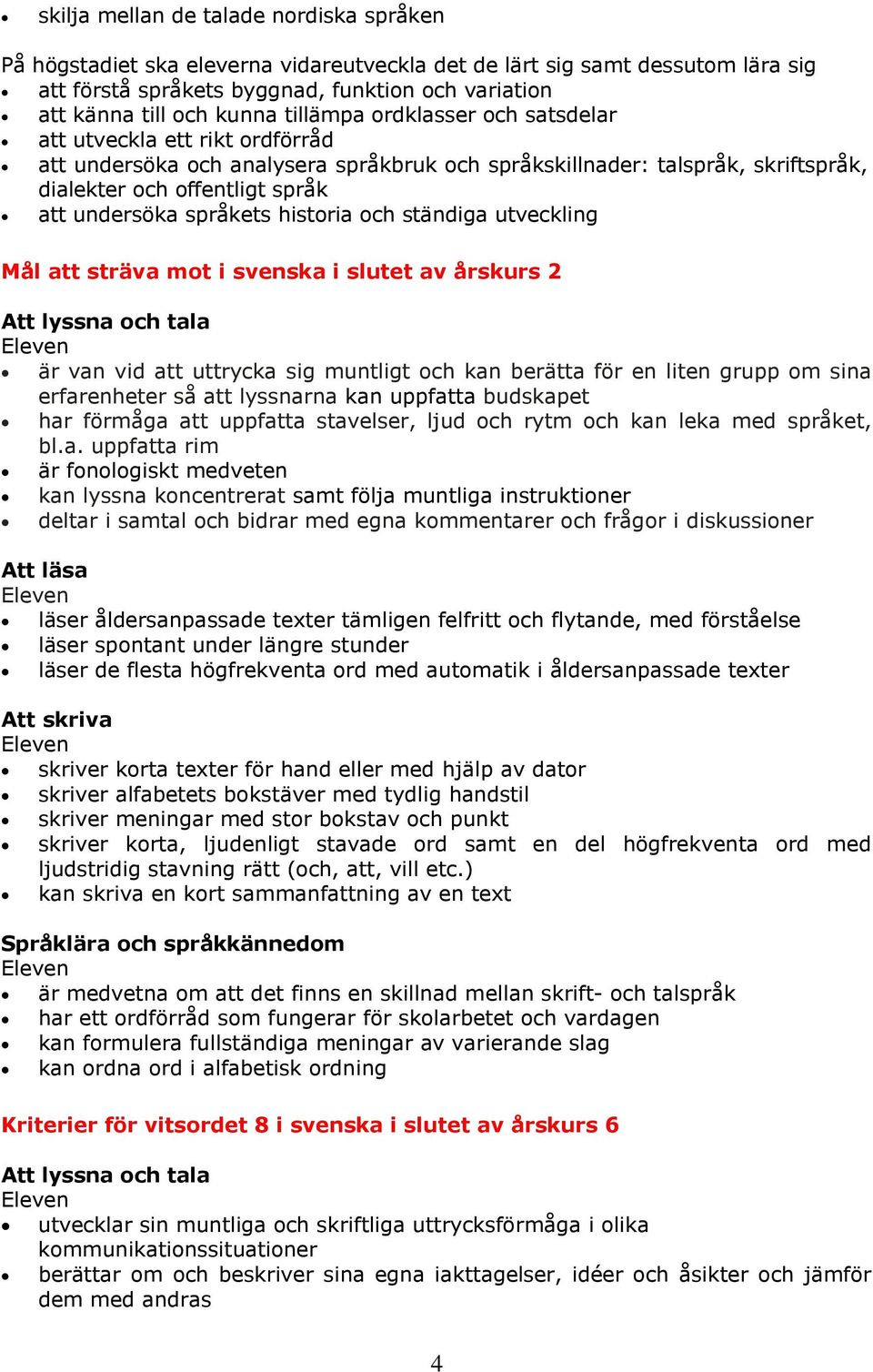 språkets historia och ständiga utveckling Mål att sträva mot i svenska i slutet av årskurs 2 Att lyssna och tala är van vid att uttrycka sig muntligt och kan berätta för en liten grupp om sina