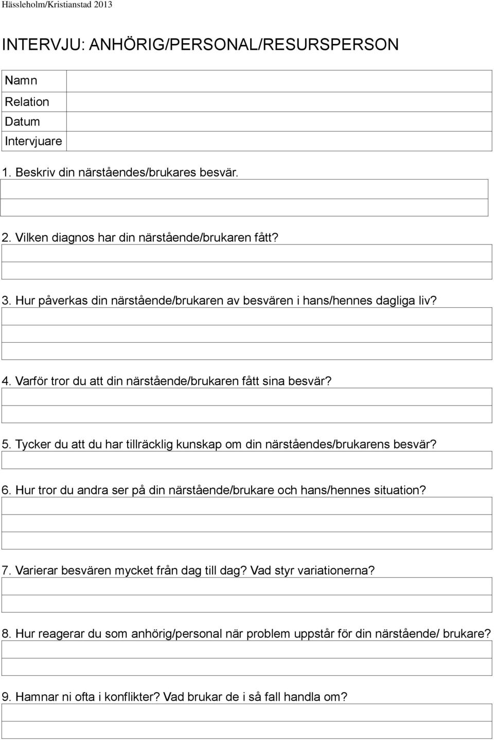 Tycker du att du har tillräcklig kunskap om din närståendes/brukarens besvär? 6. Hur tror du andra ser på din närstående/brukare och hans/hennes situation? 7.