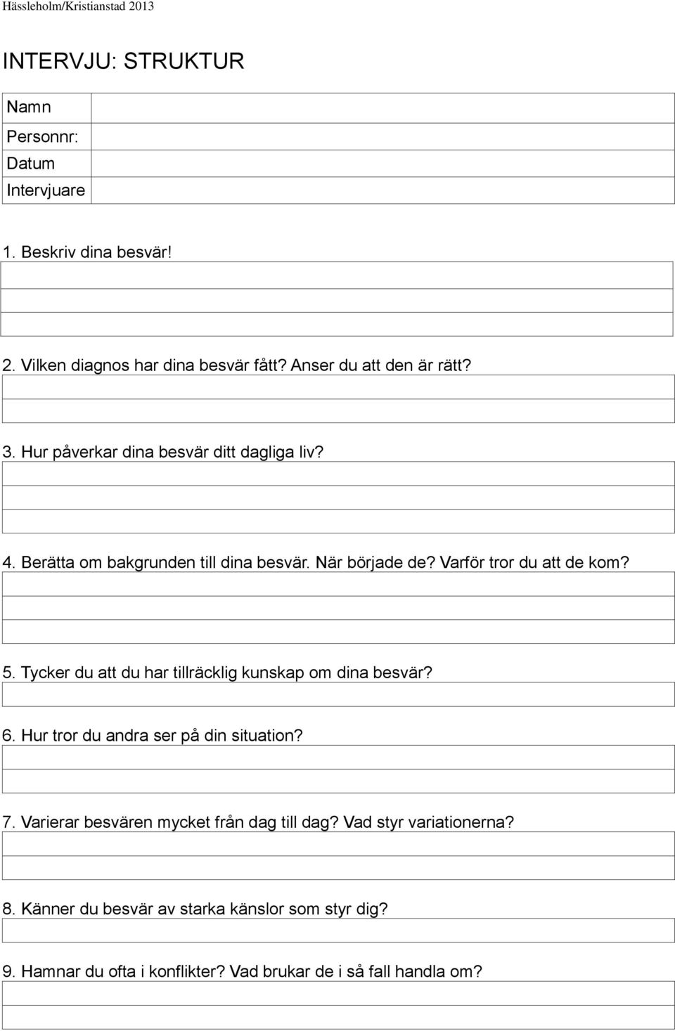 Tycker du att du har tillräcklig kunskap om dina besvär? 6. Hur tror du andra ser på din situation? 7.