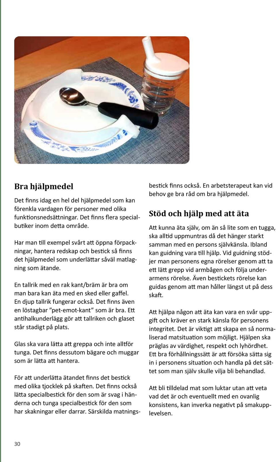En tallrik med en rak kant/bräm är bra om man bara kan äta med en sked eller gaffel. En djup tallrik fungerar också. Det finns även en löstagbar pet-emot-kant som är bra.